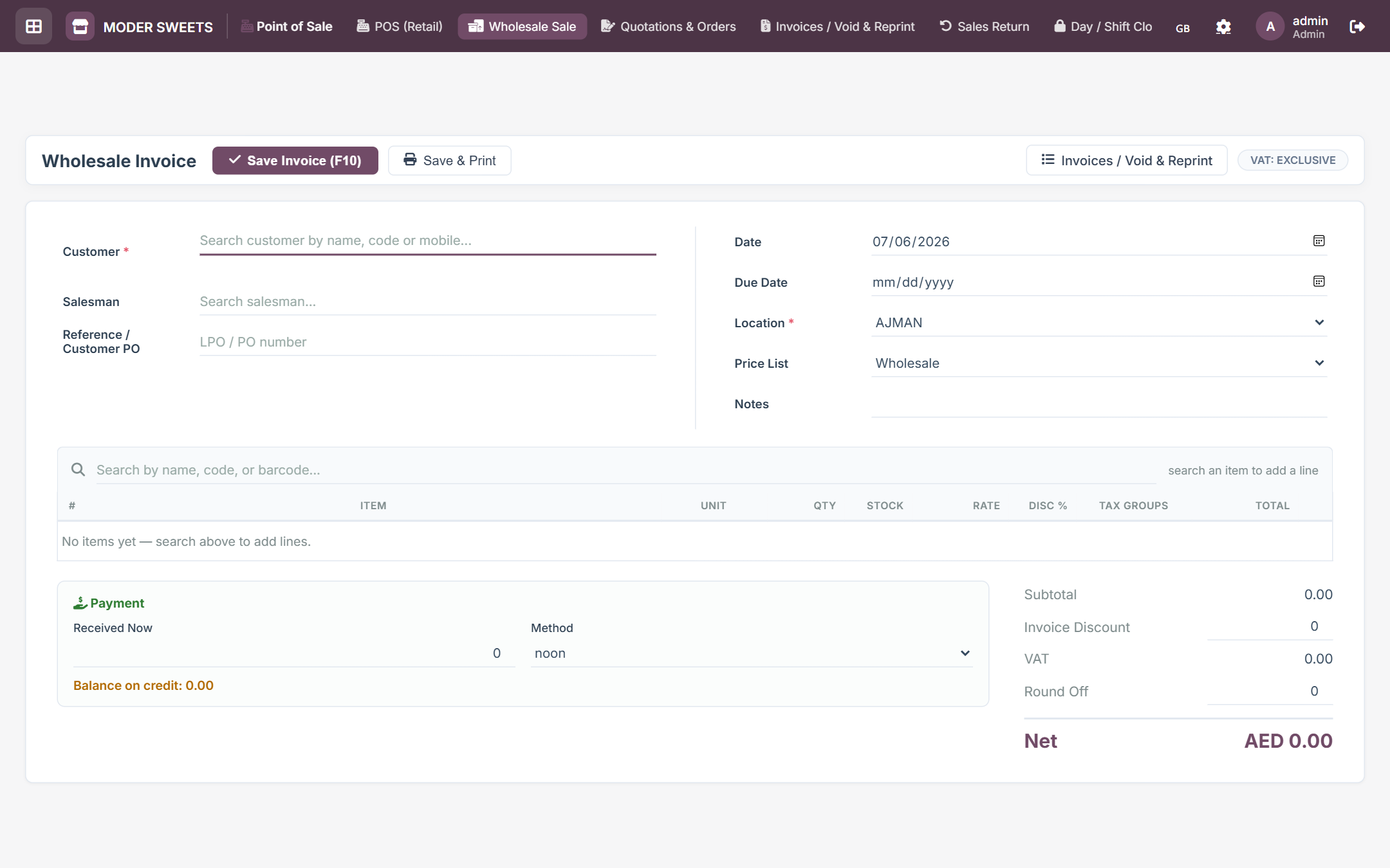 Wholesale invoice